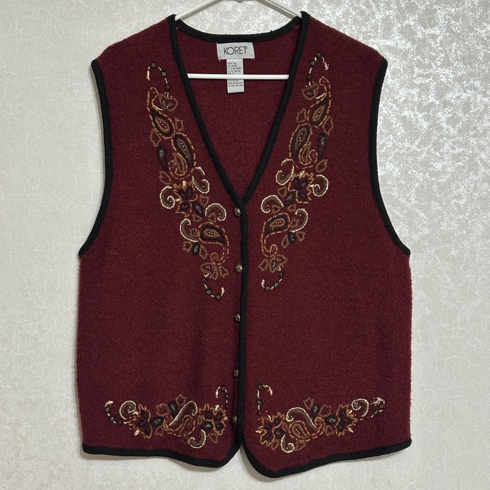 Koret Paisley Embroidered Beaded Sweater Vest Wool Blend Boho Burgundy Vintage L